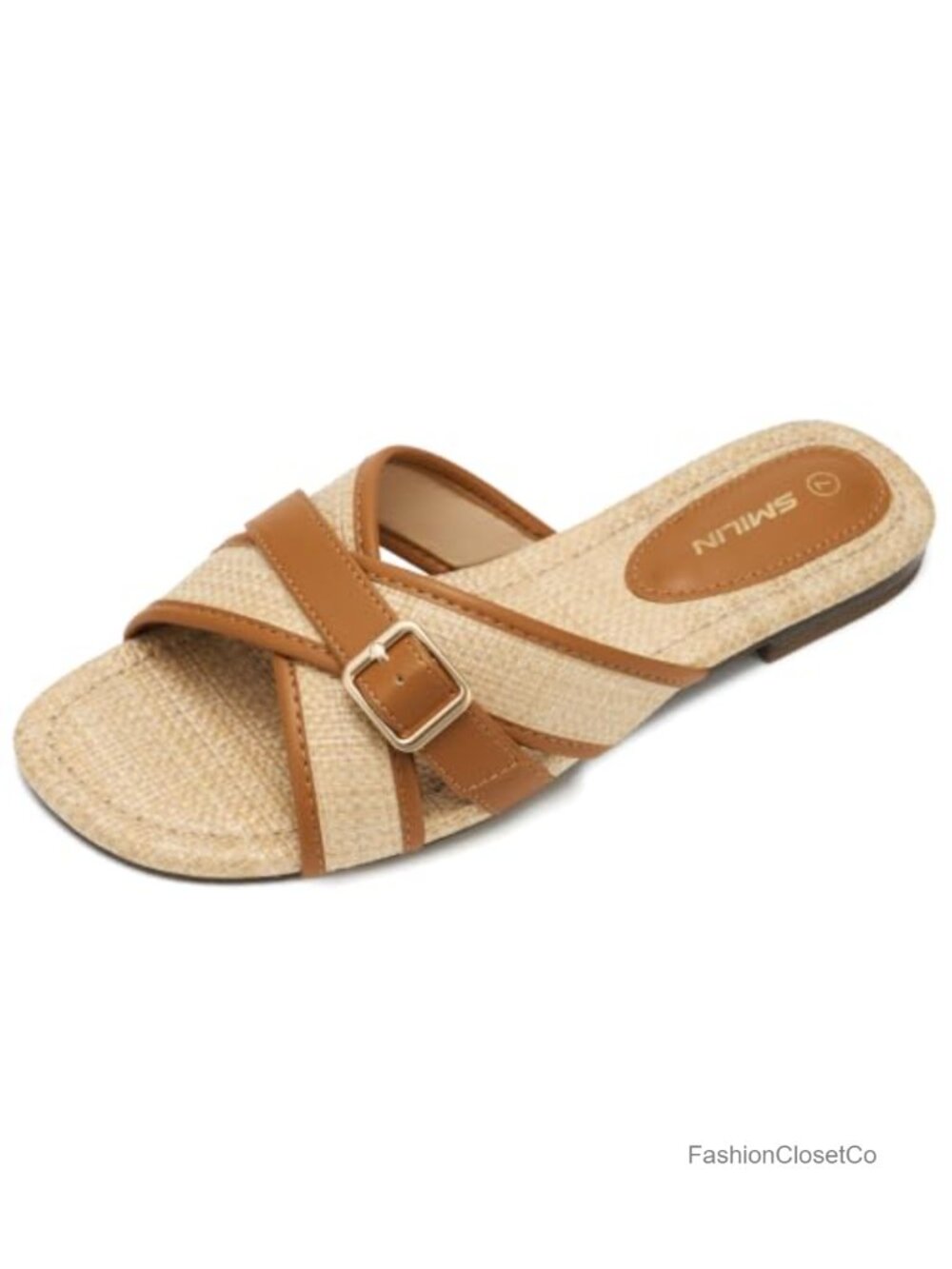 SMILIN Women's Woven Raffia Slide Sandals with Gold Buckle, Flat Vacation Beach